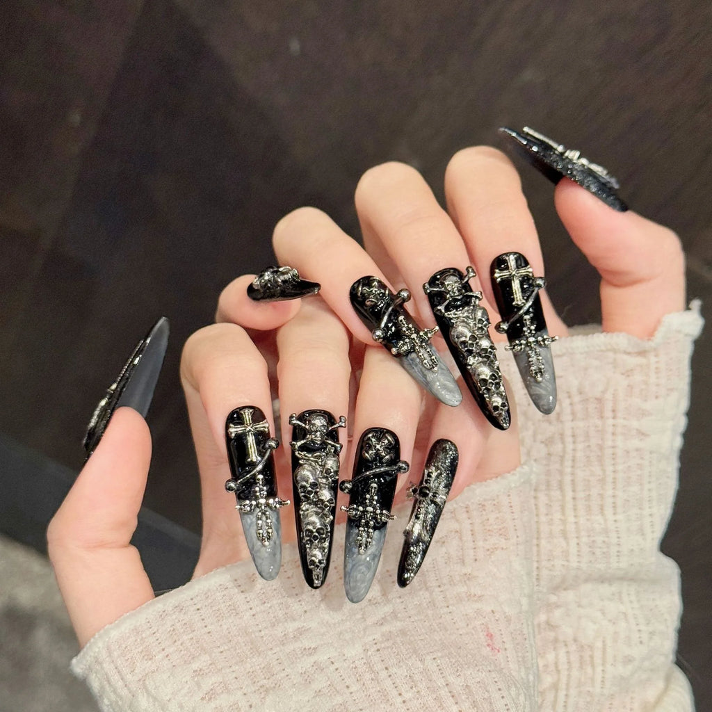 10PCS Stiletto Handmade Press On Nails,Skeleton Cross Heavy Metal Niche Punk,Suitable For Festivals Parties And Daily Wear