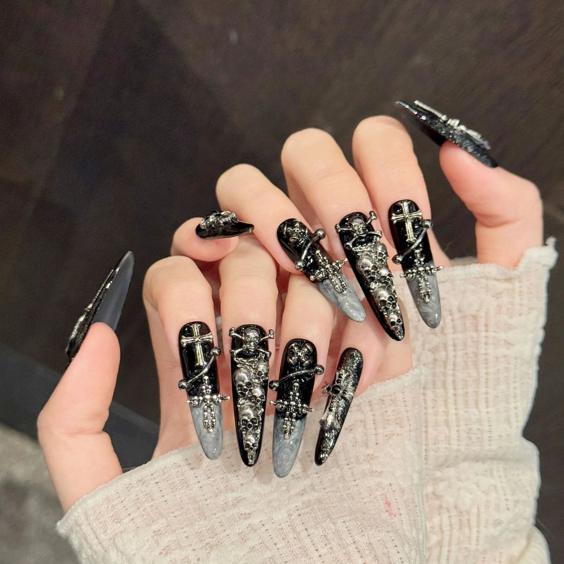 10PCS Stiletto Handmade Press On Nails,Skeleton Cross Heavy Metal Niche Punk,Suitable For Festivals Parties And Daily Wear