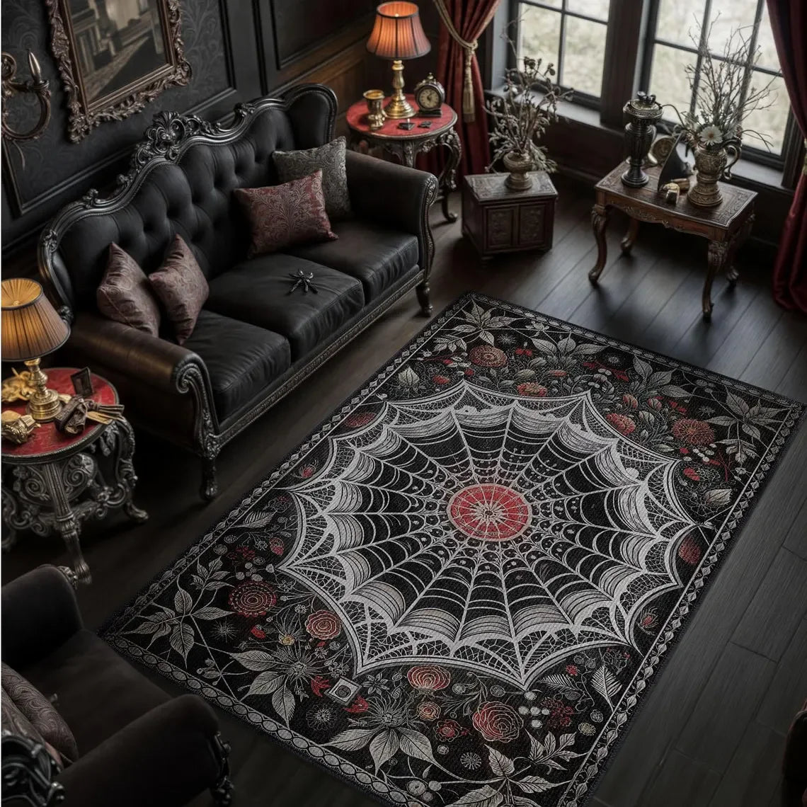 Gothic Spinnennetz Carpet - Gothic Witchy Halloween Room Decor Schwarz Roter Bereich Rug Living Room Bedroom Decor Rug Washable