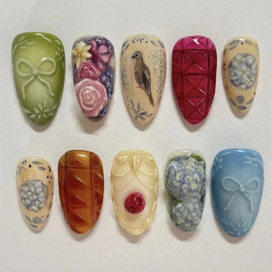 24pcs Vintage Country Style False Nails Cute Cartoon Little Lamb Rabbit Rose Printed Press On Nails Wave Point Bows Fake Nail