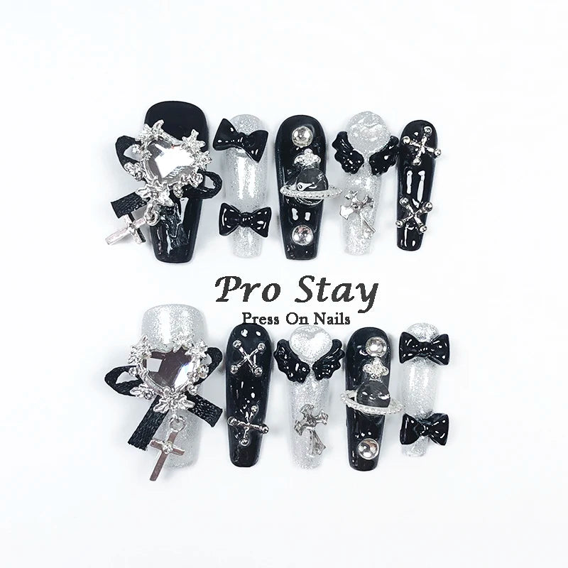 10pcs Dark black Y2k Hot Girl Handmade Press On Nails Sweet Cool  With Diamond Metal Decoration Wearable Artificial False Nail