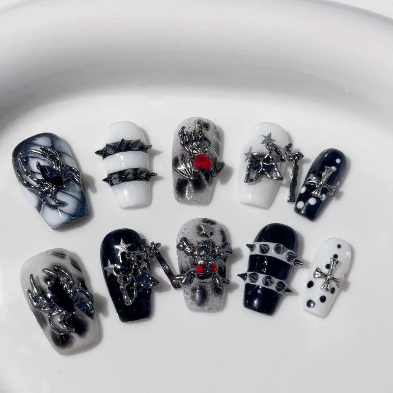 New 10pcs Handmade Gothic Press on Nails Halloween Spider Design Fake Nail Tips Wearable European Heavy Metal Y2k False Nails