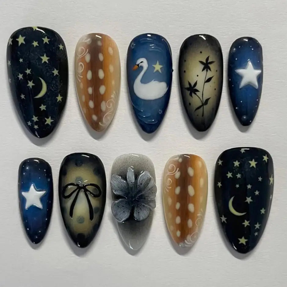 24pcs Vintage Country Style False Nails Cute Cartoon Little Lamb Rabbit Rose Printed Press On Nails Wave Point Bows Fake Nail