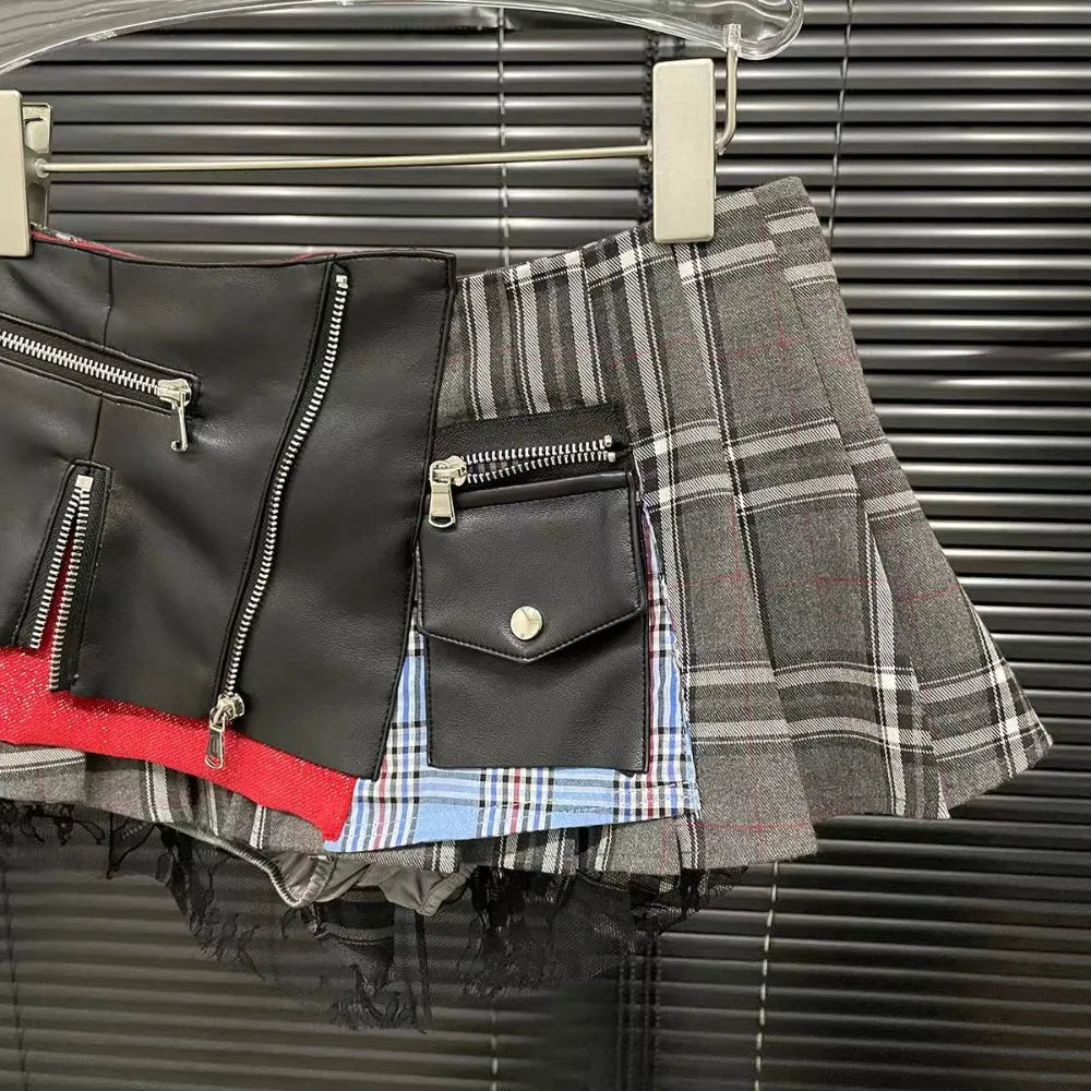 FLARORA Fashion Y2k Patchwork Plaid Design Skirts Woman High Waist Zip Pocket Mini Pleated Skirt Trendy Female Street Bottoms
