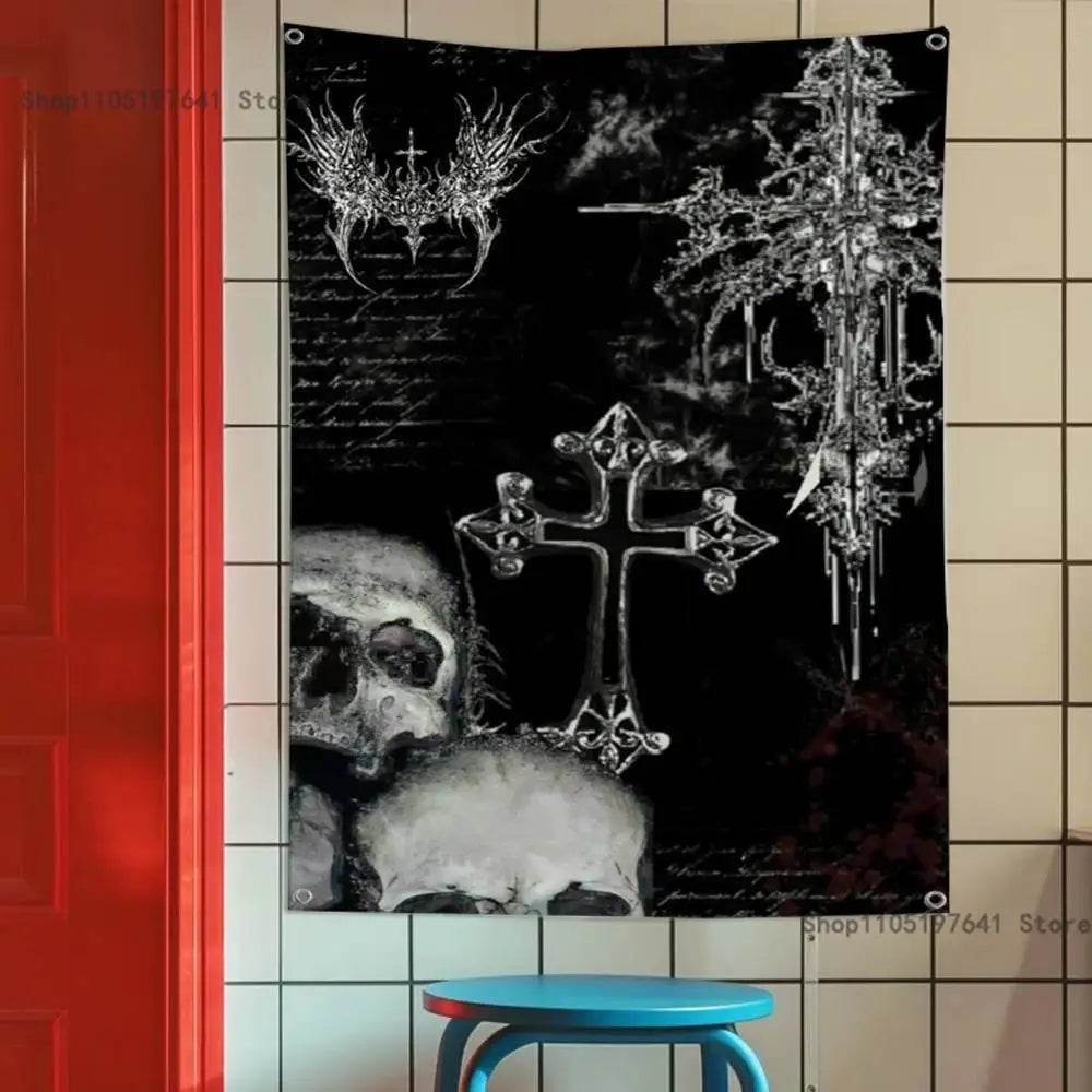 Gothic Cyber Sigil Cross Eyes Skull Flag Tapestry Banner For Bedroom Outdoor Living Room Restaurant Bar Wall Decor Party