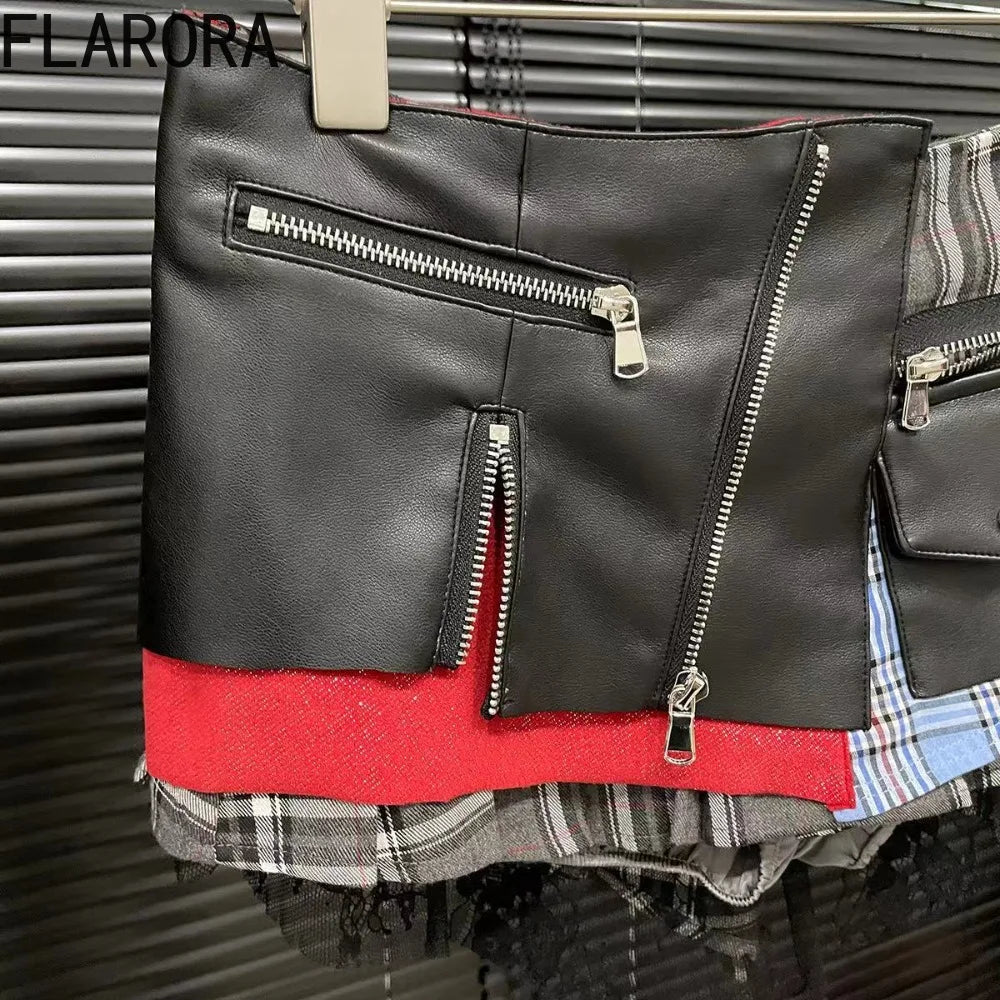 FLARORA Fashion Y2k Patchwork Plaid Design Skirts Woman High Waist Zip Pocket Mini Pleated Skirt Trendy Female Street Bottoms