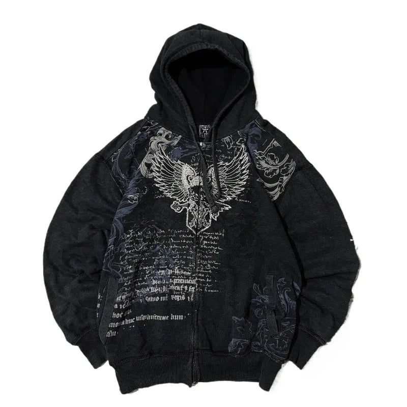 Gothic New Fashion Oversized Pattern Printed Zipper Sweater Men Y2K Vintage Hip Hop Popular Casual Joker Couple Sports Hoodies
