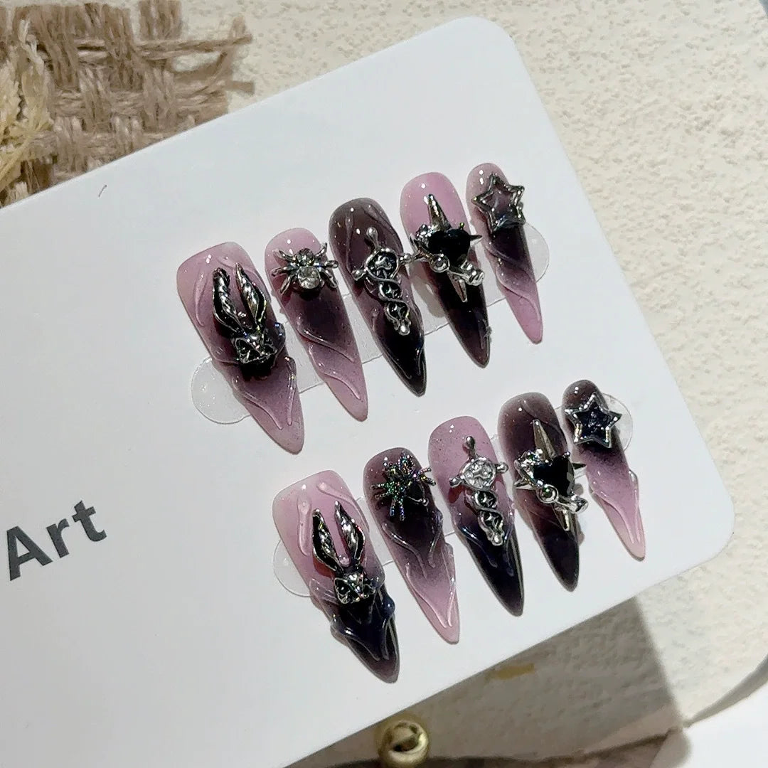 Long Stiletto Press on Fake Nails Blue Heart Diamond Bow Decoration False Nail Y2K Fashion Artificial Nail Handmade Acrylic Nail