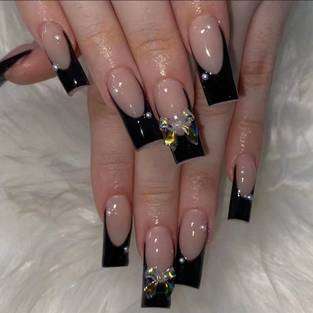 24PCS/1BOX Black French Wearing Sweet and Cool Nail Patch Glitter Love Stars in Europe and America Dark Department Fake Nail