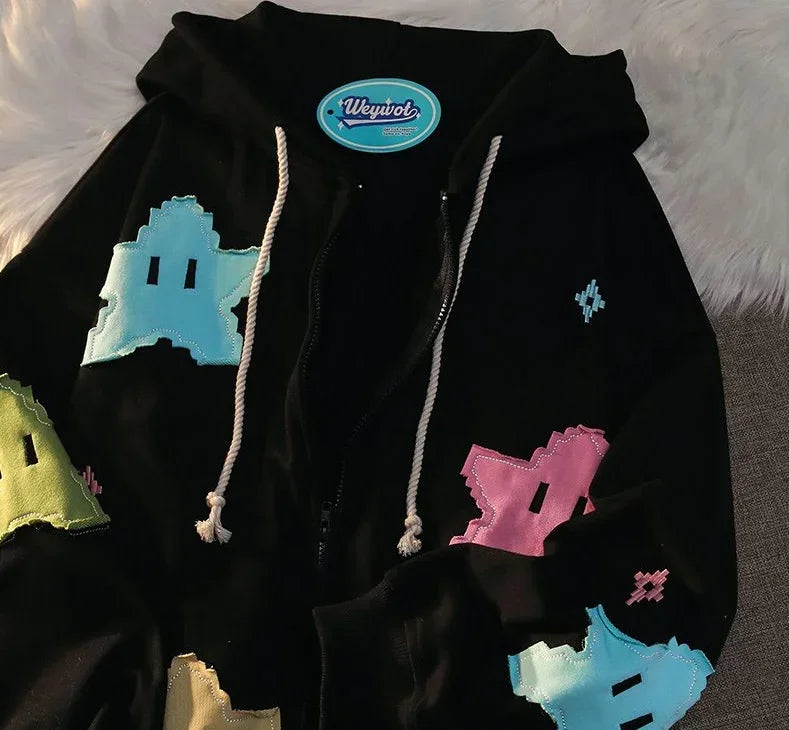 Y2k Gothic Punk Style Printed Star Spot Embroidered Zipper Hoodie Men and Women Fashion Harajuku Retro Oversized Bat Sleeve Top