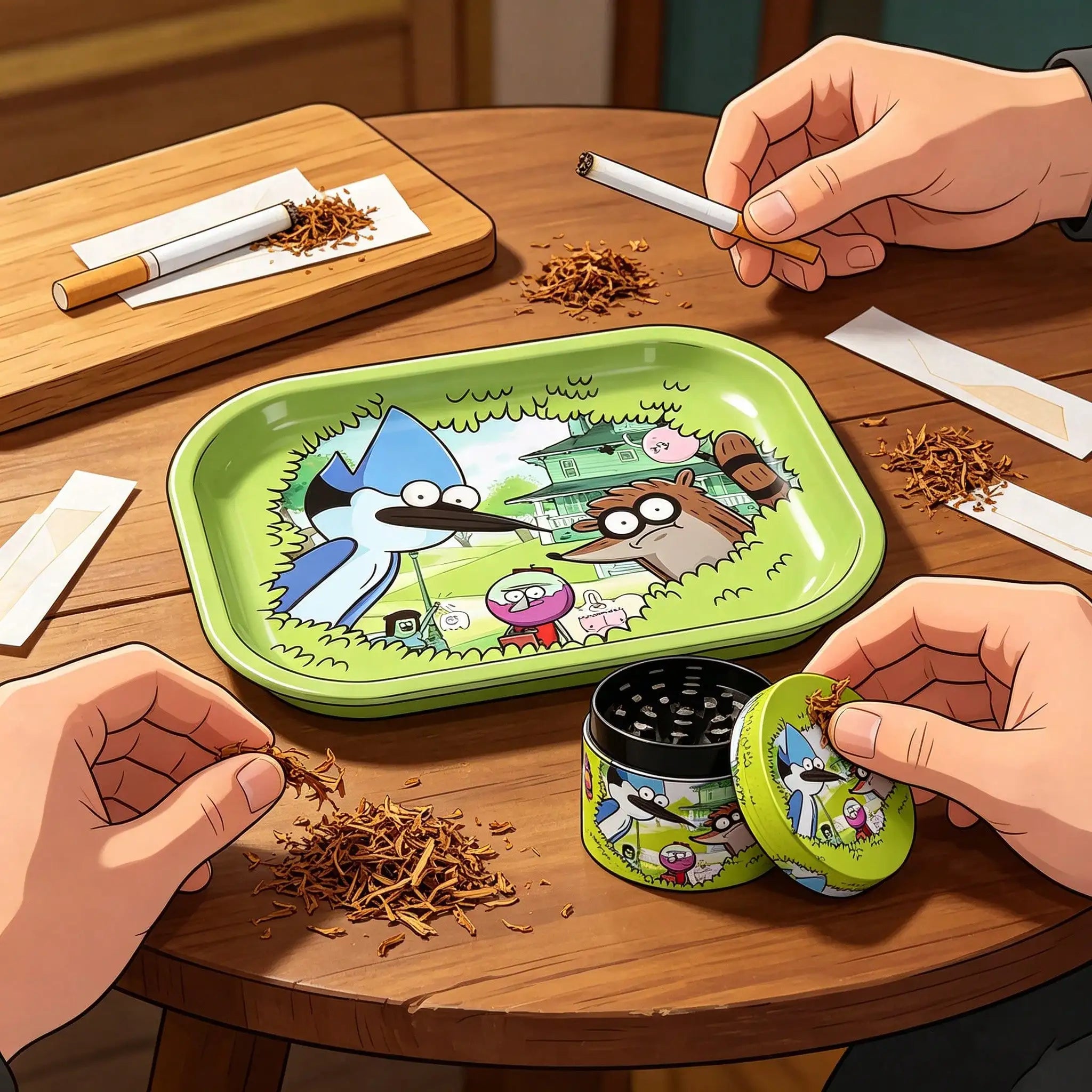 1/2 Pieces Cartoon Bird and Raccoon Metal Rolling Tray and Herb Grinder