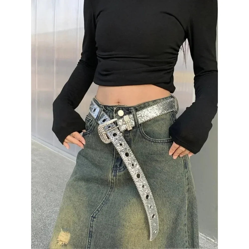 Y2K Fashion Punk Studded Full Rhinestone Belt PU Leather Bling Crystal Adjustable Glitter Waistband for Club Party Girls Gifts
