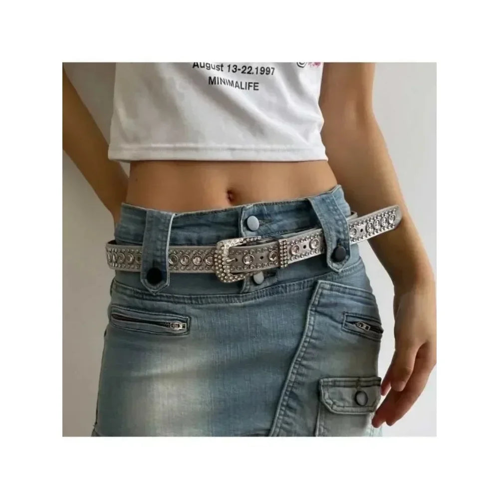 Y2K Fashion Punk Studded Full Rhinestone Belt PU Leather Bling Crystal Adjustable Glitter Waistband for Club Party Girls Gifts
