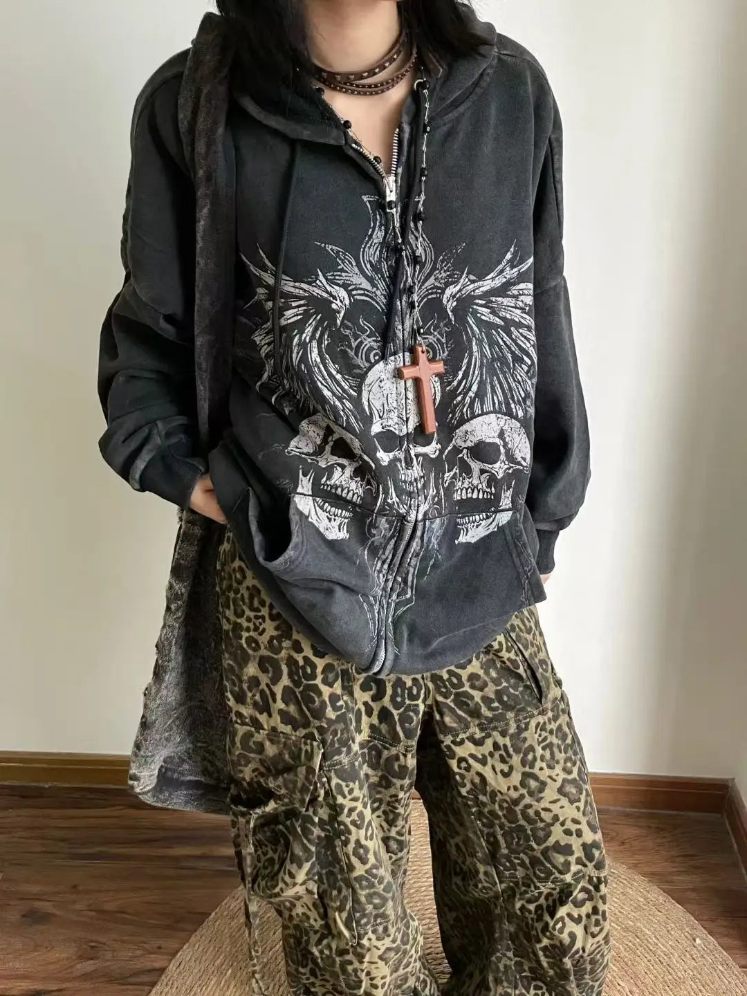 Y2K Mens Goth Style Designer Clothes Techwear Skull Print Cotton Hoodies Men Women Vintage Black Zip Up Hoodie Hooded Sweatshirt