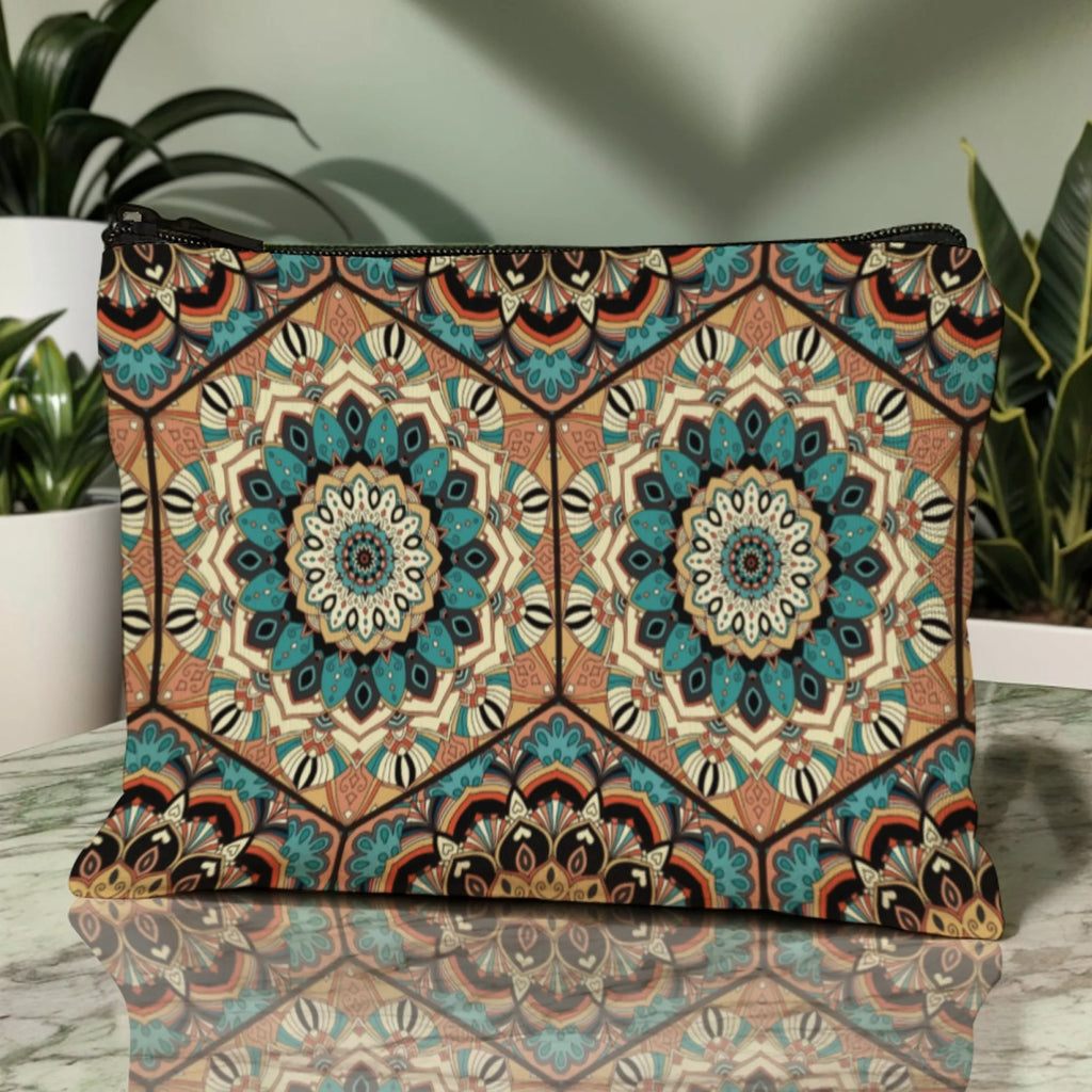 Ethnic Bohemia Art Mandala Zipper Pouch Cosmetic Bag Symmetrical Geometric Florals Blue Brown Beige Soft Canvas Zipper Closure