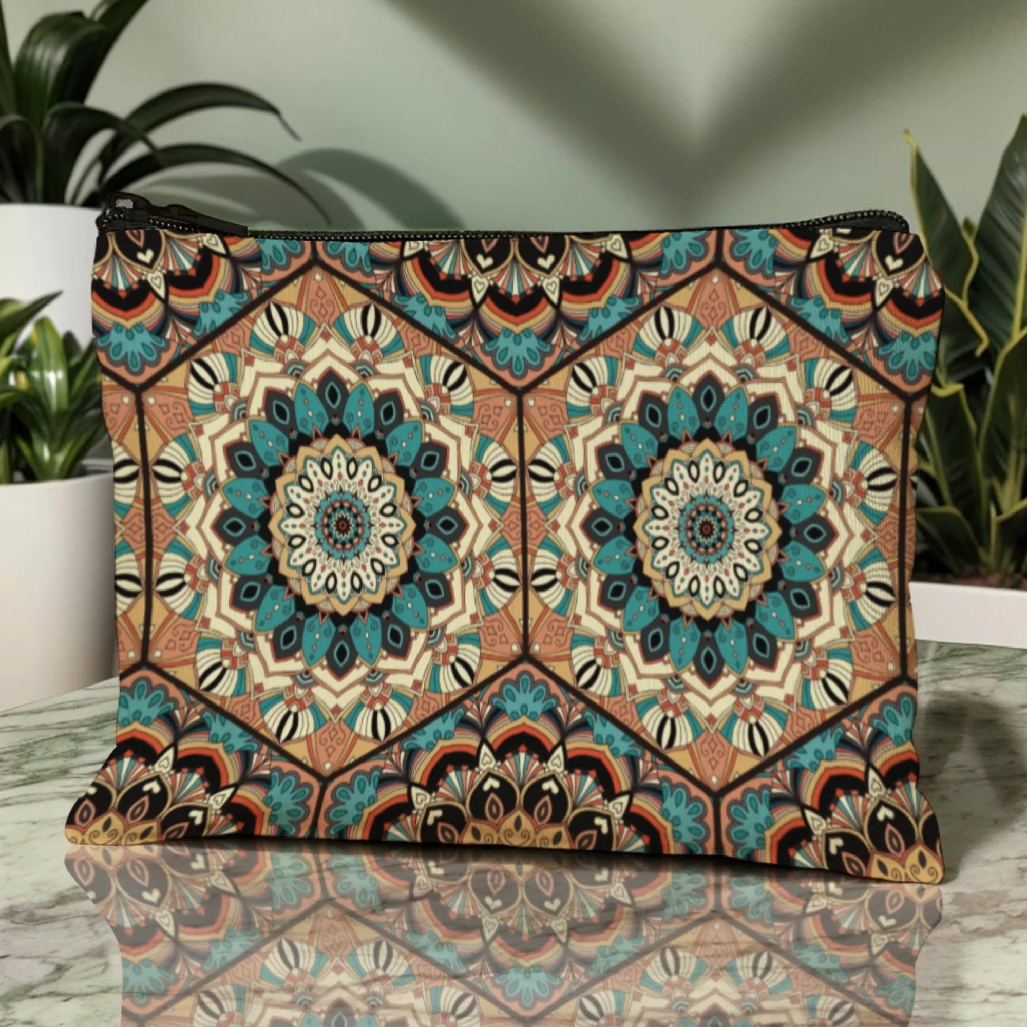 Ethnic Bohemia Art Mandala Zipper Pouch Cosmetic Bag Symmetrical Geometric Florals Blue Brown Beige Soft Canvas Zipper Closure