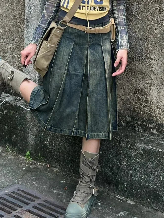 American Style Gothic Denim Skirts Women Streetwear Y2k High Waisted Vintage A- Line Middle Long Dress Trendy Fashionable Skirts