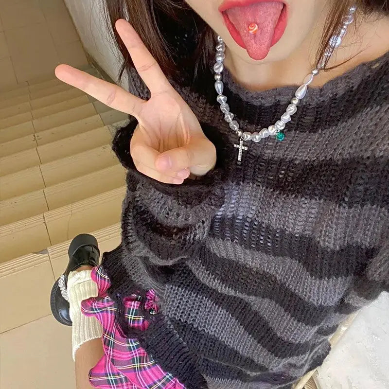 Over Size Grey Striped Gothic Lolita Sweaters Women Ripped Holes Loose Knitted Y2k Hollow Out Broken Emo Punk JK Girl Streetwear