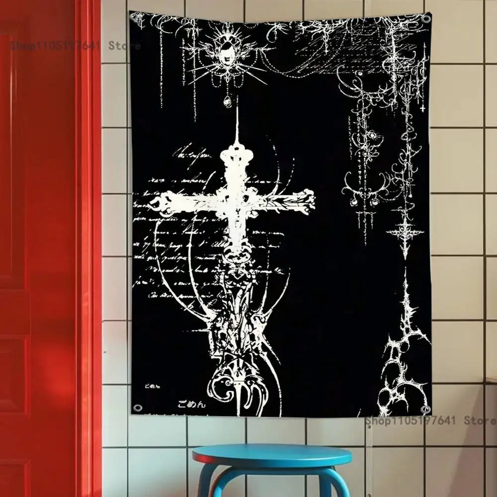 Gothic Cyber Sigil Cross Eyes Skull Flag Tapestry Banner For Bedroom Outdoor Living Room Restaurant Bar Wall Decor Party