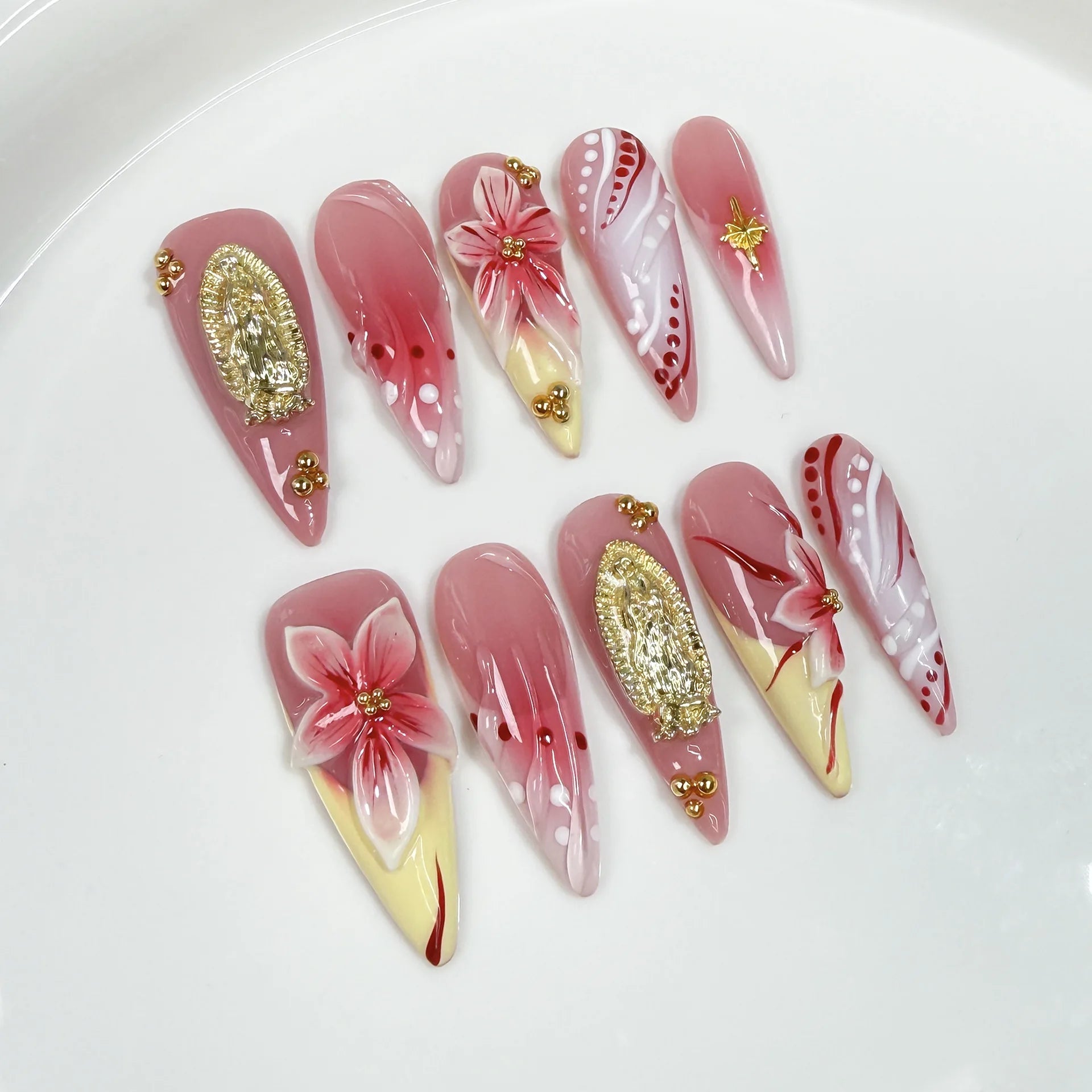 10pc Detachable Long Stilette Ballet False Nails with Butterfly Camellia Design Y2k Hot Girl Full Cover Artificial Press on Nail