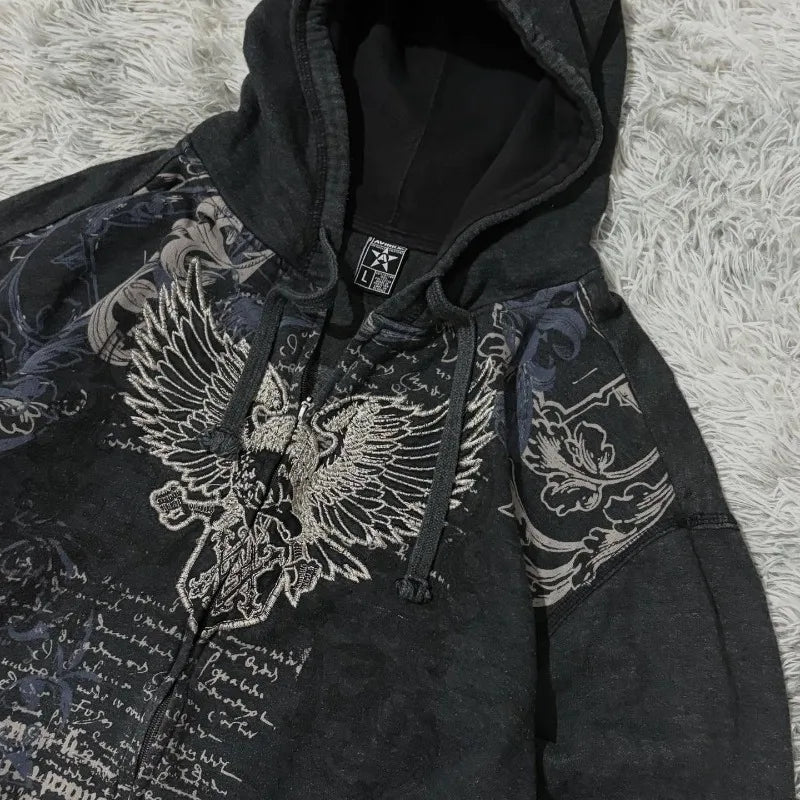 Gothic New Fashion Oversized Pattern Printed Zipper Sweater Men Y2K Vintage Hip Hop Popular Casual Joker Couple Sports Hoodies