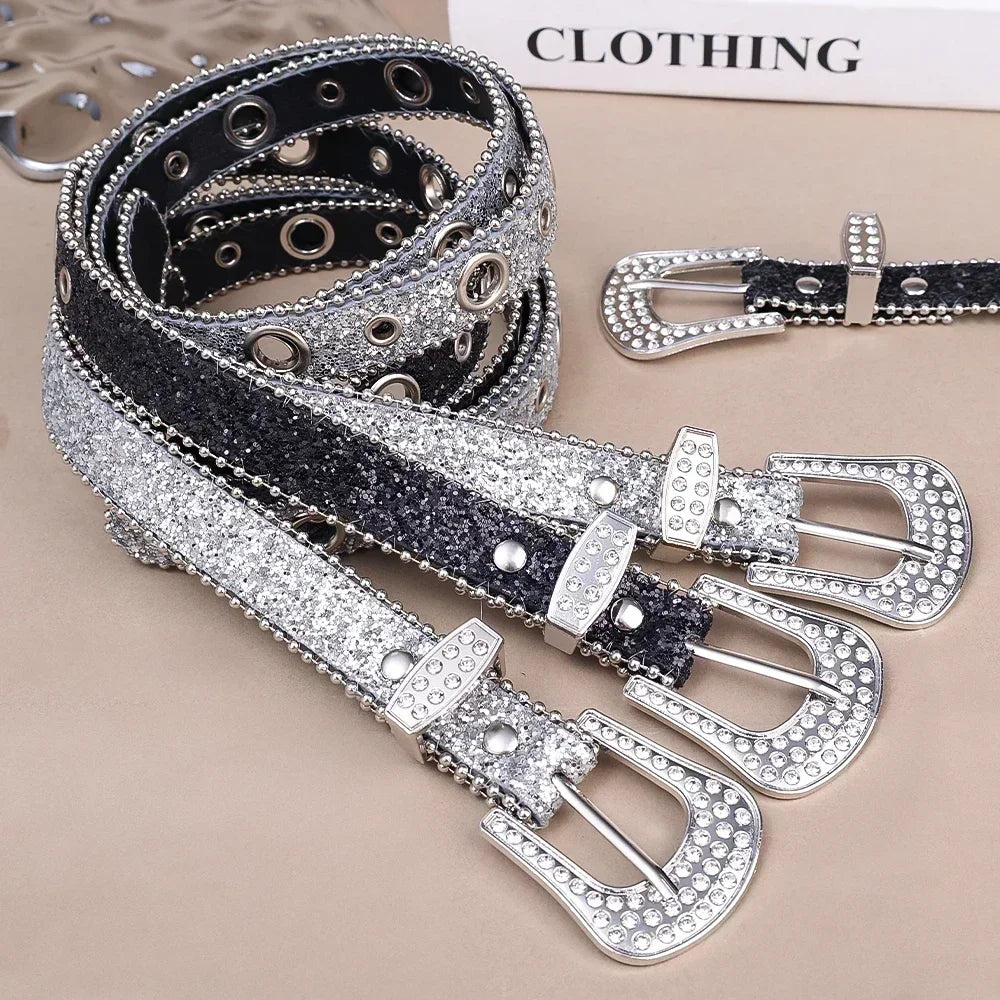 Y2K Fashion Punk Studded Full Rhinestone Belt PU Leather Bling Crystal Adjustable Glitter Waistband for Club Party Girls Gifts
