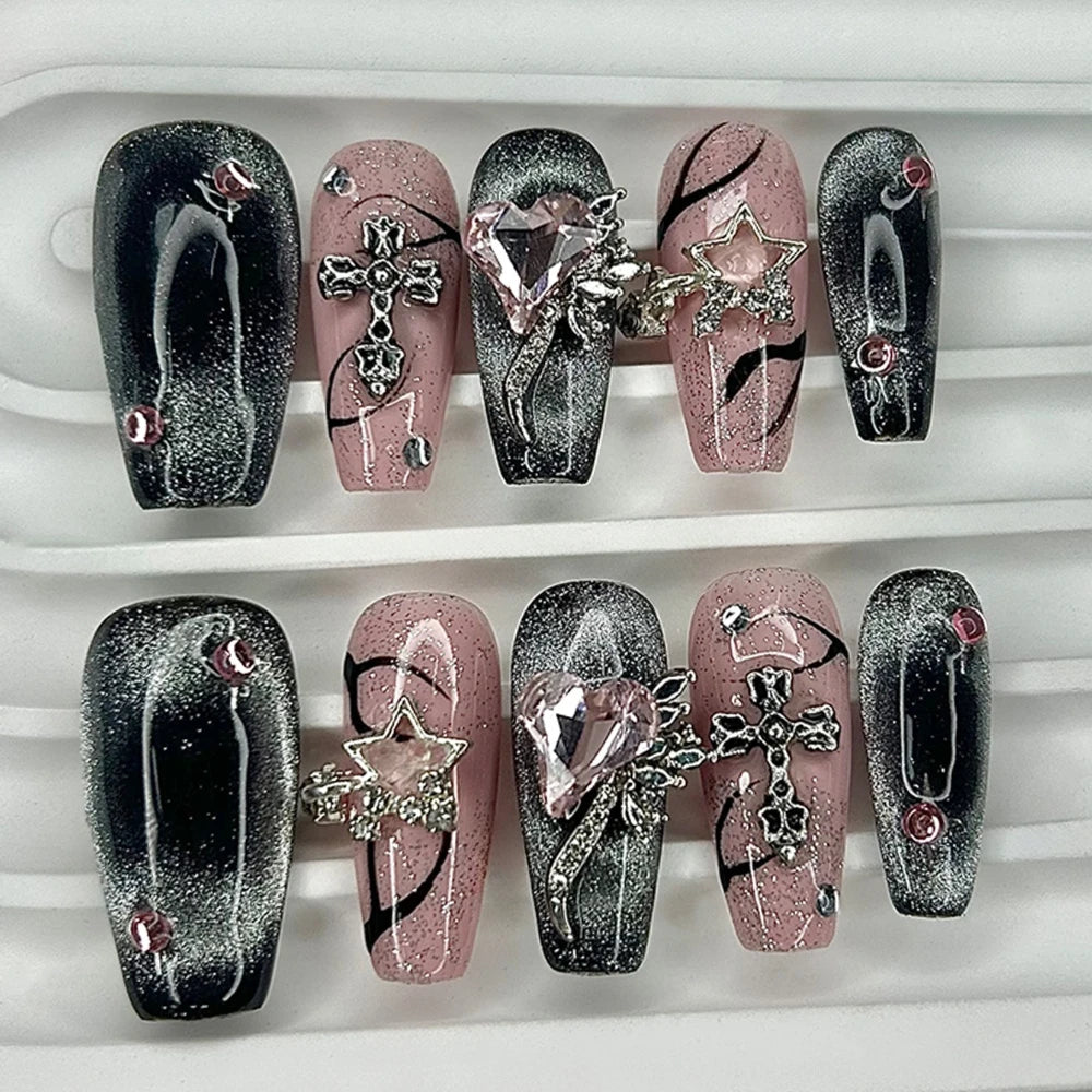 Artificial Nail Sparkling Pink Diamond Surrounding Planet Flame Cat Eye Nails Reusable and Removable Nails