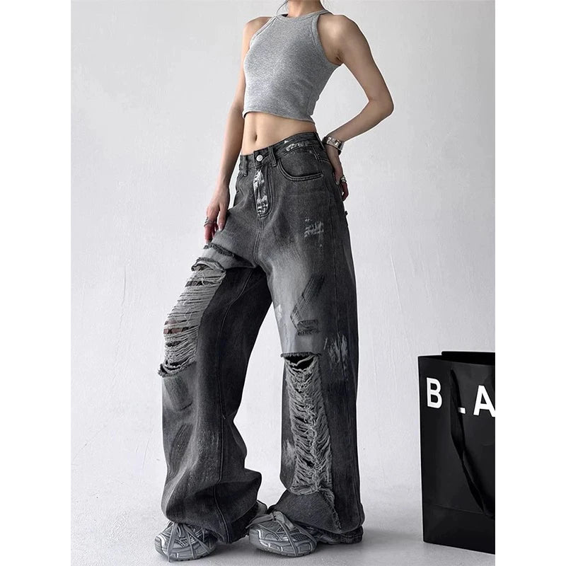 ZHIZOU Summer Women Jean Baggy Wide Fit Ripped Denim Pants Grunge Punk Y2K Hole Japanese Harajuku 2000s American Retro Boyfriend
