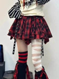 Asymmetrical Plaid Skirt with Straps High Waist Harajuku Mini Skirt Kpop Punk Gothic Red Black Tartan Skort Grunge Y2K Alt Girls