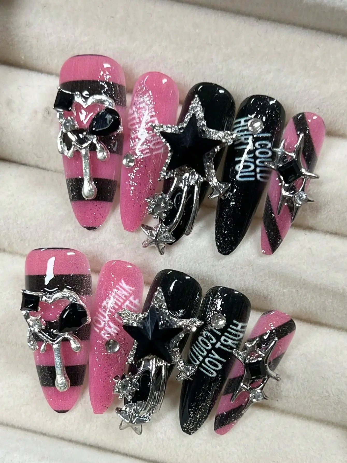 10 Pieces Of Long Water Drop Almond Tip Nails Handmade European And American Hot Girl Striped Nail Art Sequins Fine Glitter