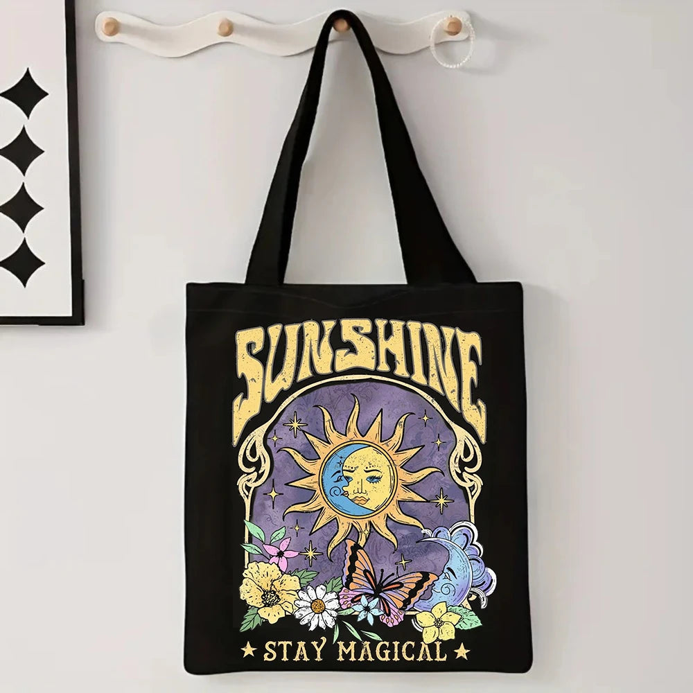 Kindness Butterfly Yin Yang Print Black Canvas Tote Bag, Women Shoulder Bag, Boho Mystical Handbag for Spiritual Vibes