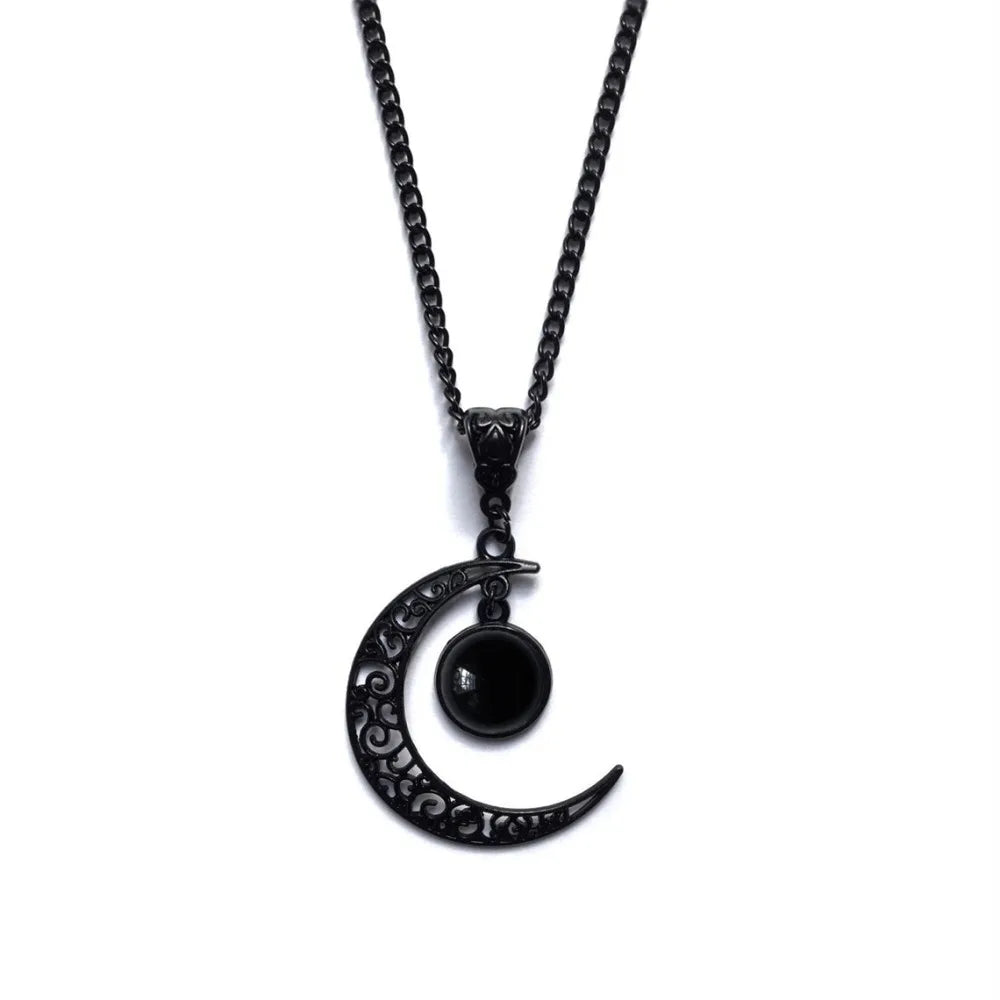 Women Gothic Black Moon Necklace Fashion Mystery Punk Witch Jewelry Accessorie Gift Vintage Hollow Colorful Stone Pendant Choker