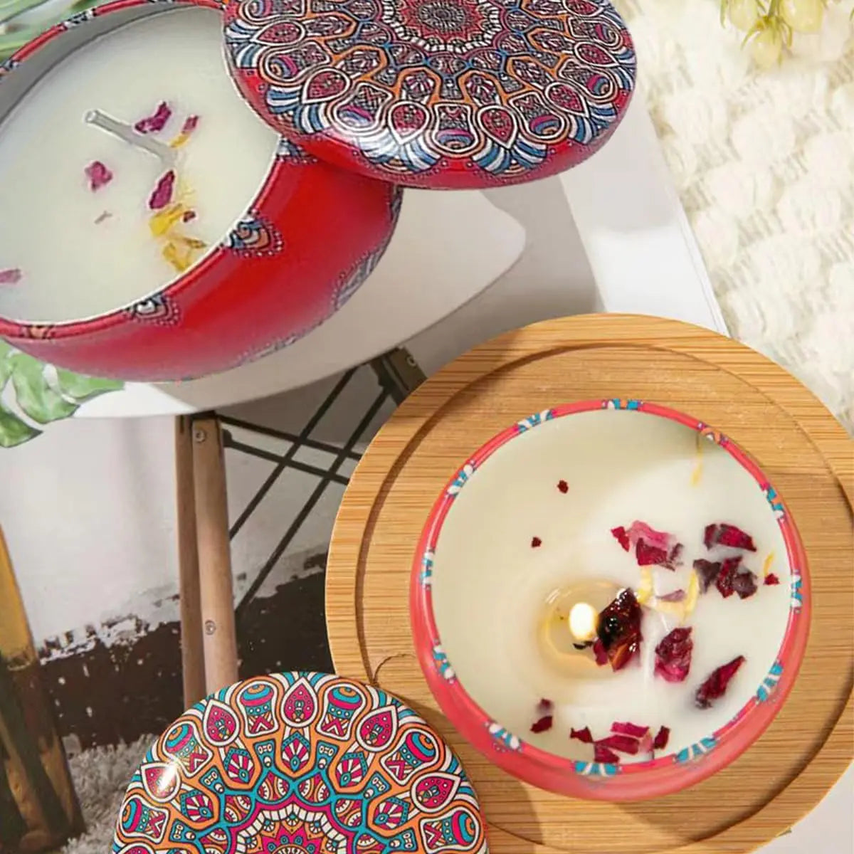 Small Mandala Scented Candle in Tin, 2.36in with Dried Flowers, for Home Decor, Relaxation & Gifting, 40-50H Burn Time