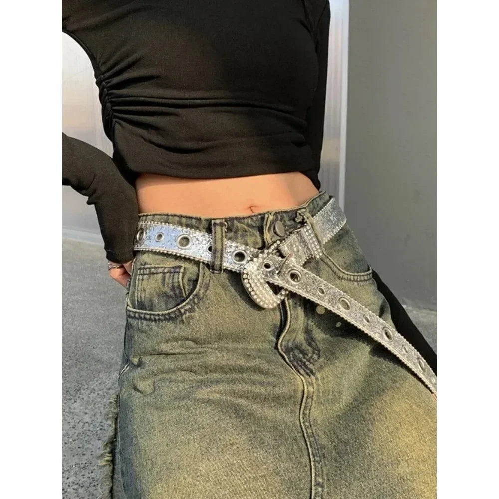 Y2K Fashion Punk Studded Full Rhinestone Belt PU Leather Bling Crystal Adjustable Glitter Waistband for Club Party Girls Gifts