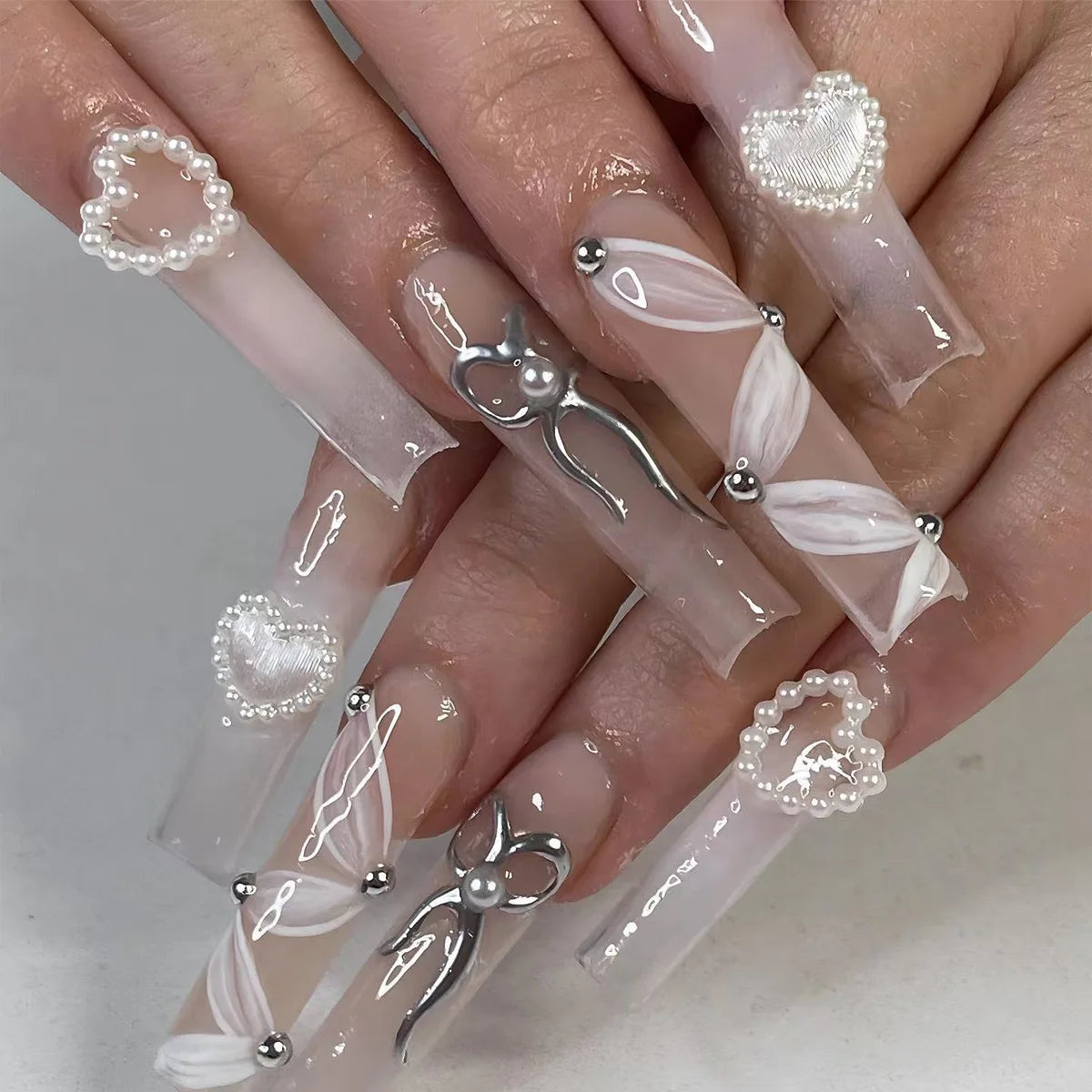 24Pcs Long Coffin French False Nails with Glue Bow Diamond Stick on Press on Acrylic Nails Black Ballerina Nail Art Manicure Tip