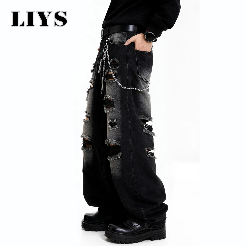 American Street Retro Men's Black Baggy Wide Leg Ripped Jeans Gothic Tear Style Unisex Loose Straight Leg Denim Pants Clothes