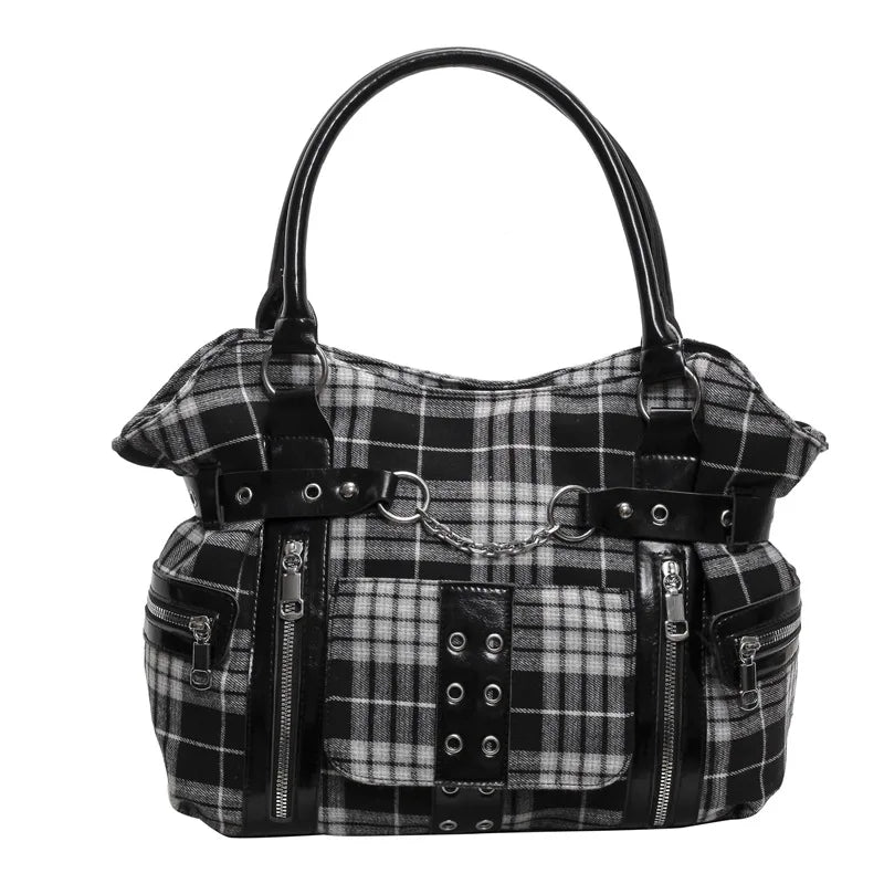 SHELKSBAG Punk Plaid Shoulder Bag Rise Up Gothic Alternative Handcuff Top Handle Tote Women 2025 Trendy New in Crossbody Bags