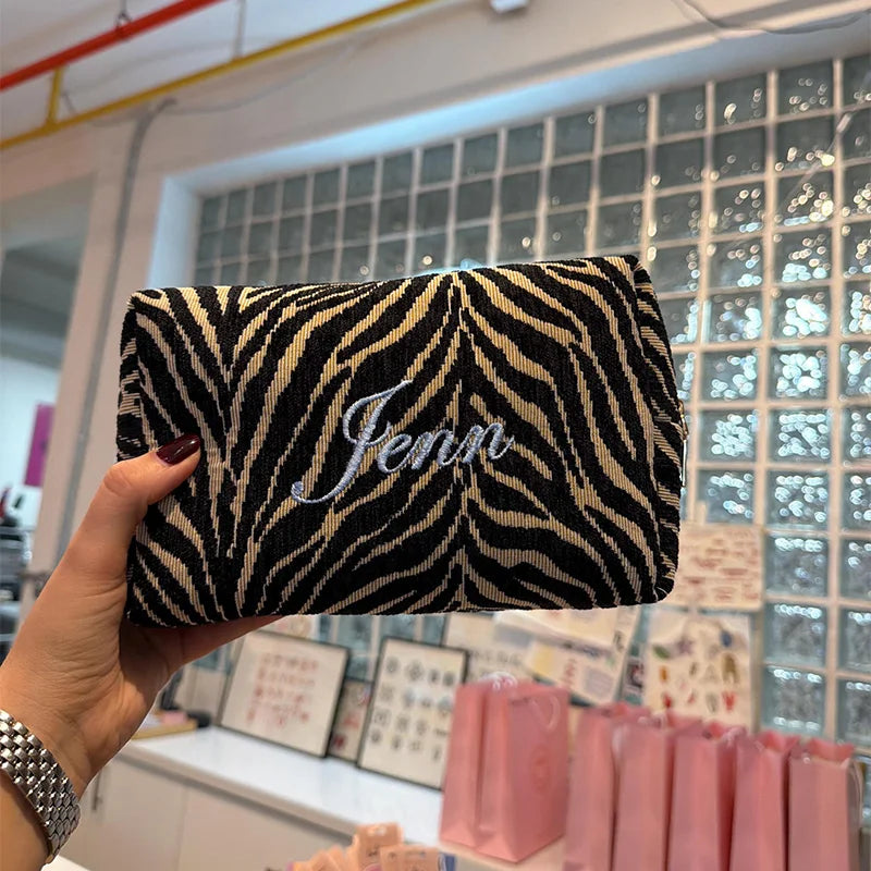Personalized Embroidery Name Leopard Print Cosmetic Bag Zipper Makeup Bag Wedding Gifts Women Bride's Bridesmaid Travel Bag