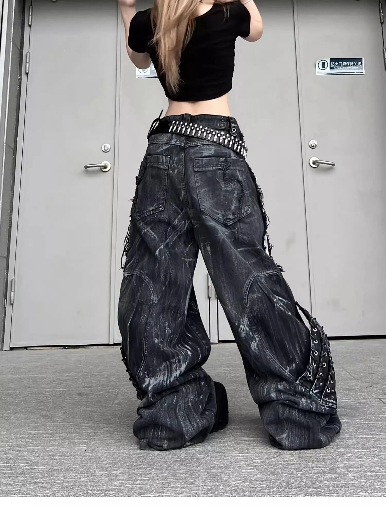 Vintage Patchwork Distressed Jeans Hip Hop Loose Wide Leg Cargo Pants Women's Washed Distressed Denim Trousers