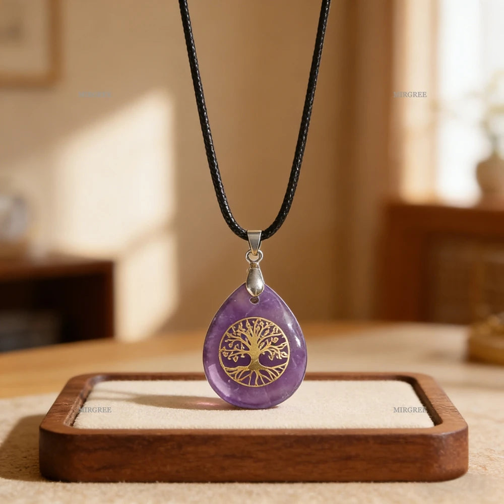 1pc Natural Gemstone Tree of Life Water Drop Pendant Necklace Spiritual Jewelry Birthday and Holiday Gift Jewelry