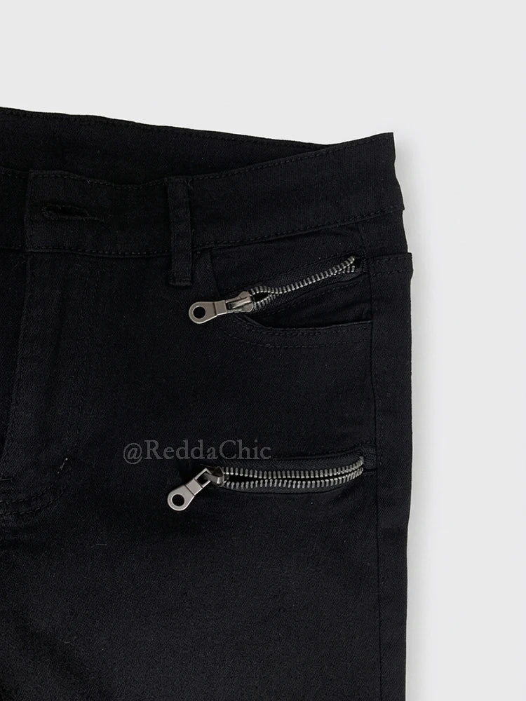 REDDACHiC Women Tight Low Rise Jeans Biker Moto Zipper Cuffs Stretchy Black Split Straight Denim Pants Rokku Gyaru Streetwear