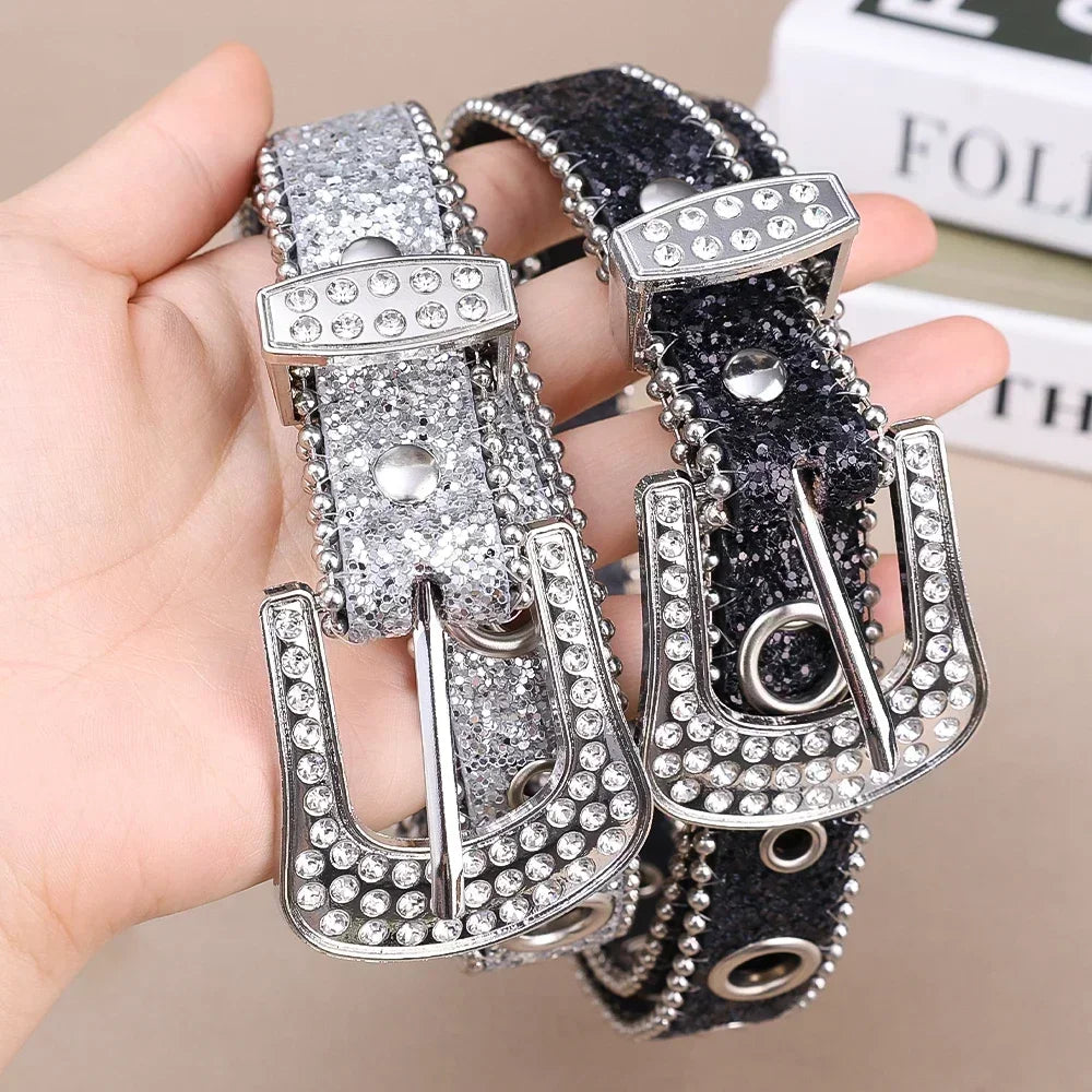 Y2K Fashion Punk Studded Full Rhinestone Belt PU Leather Bling Crystal Adjustable Glitter Waistband for Club Party Girls Gifts