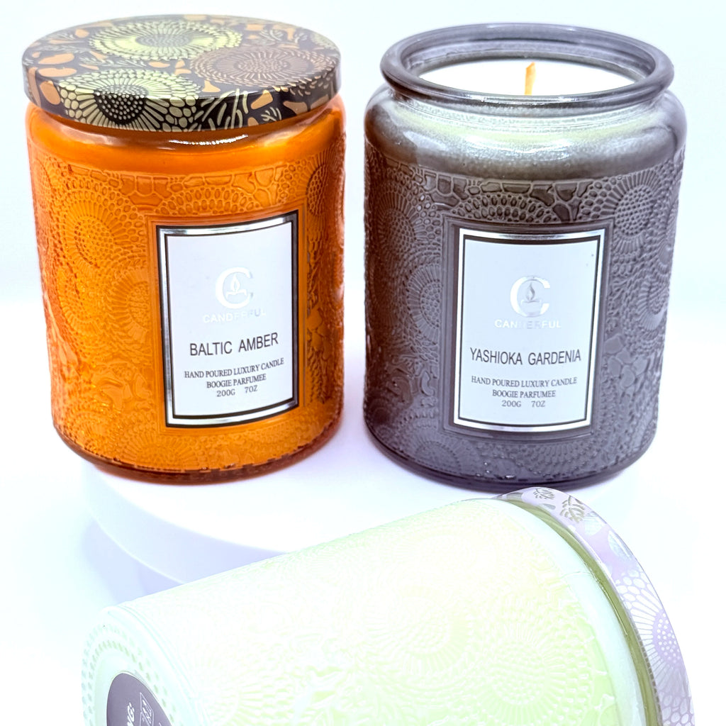 Embossed Glass Scented Candle Soy Wax Aromatherapy Candle | 5 Scents | 40 Hour Long Burn | Plant Essential Oil Clean Burn