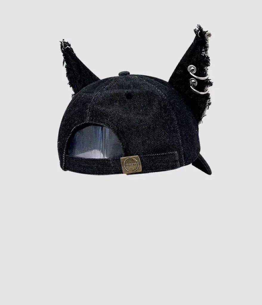 2026 New Y2k Rabbit Ears Denim Ripped Baseball Cap Men and Women Dark Personality Metal Ring Street Trend Adjustable Cosplay Hat
