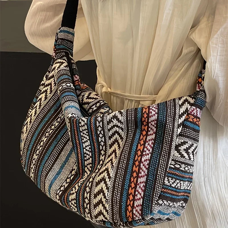 Tribal Style Shoulder Bag, Foldable Crossbody with Zipper Closure, Striped Pattern, Edge Painted Lining