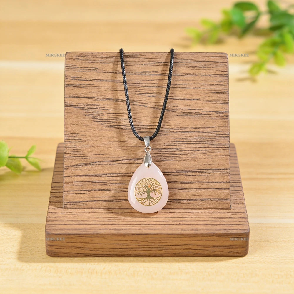 1pc Natural Gemstone Tree of Life Water Drop Pendant Necklace Spiritual Jewelry Birthday and Holiday Gift Jewelry