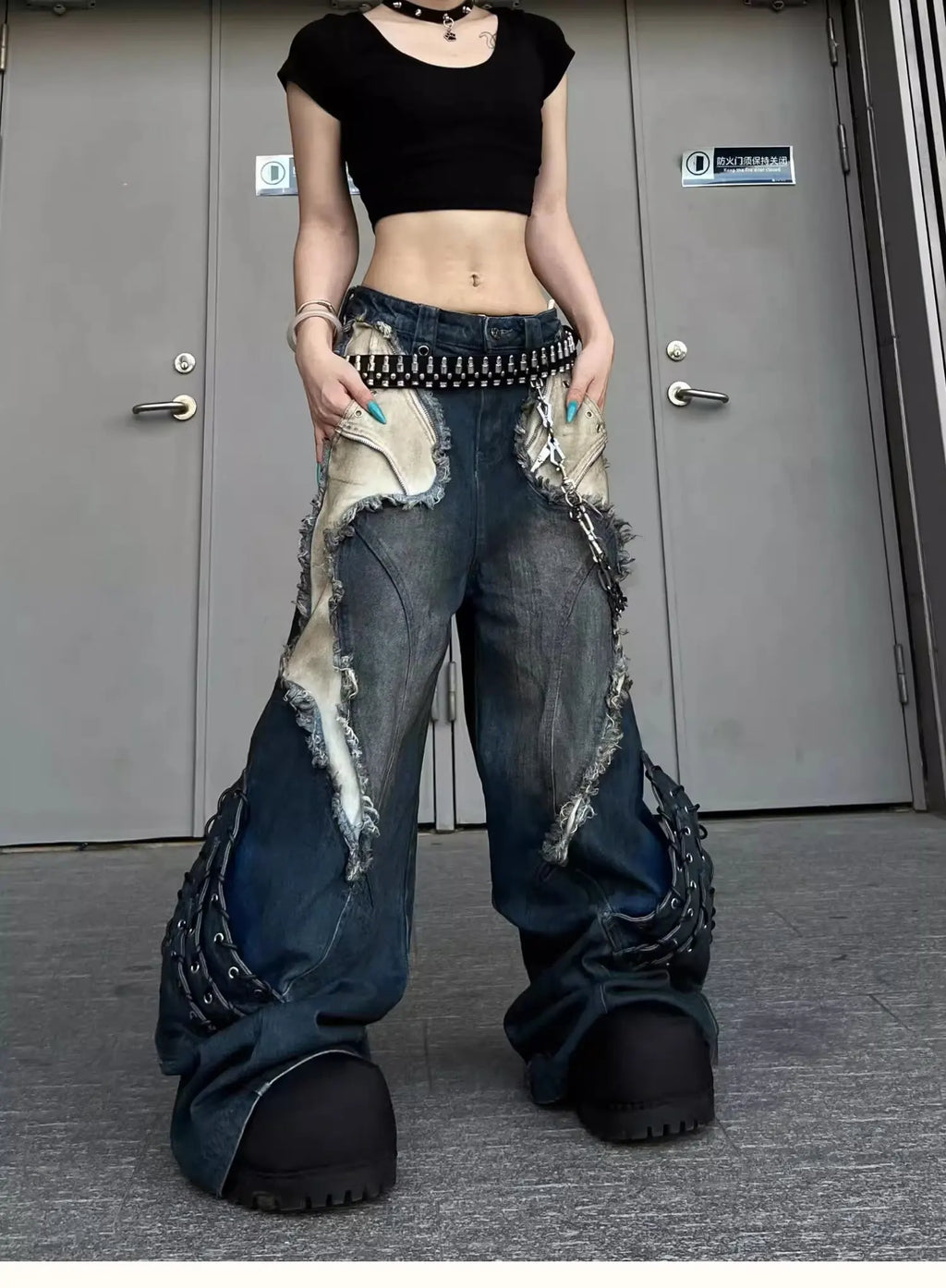 Vintage Patchwork Distressed Jeans Hip Hop Loose Wide Leg Cargo Pants Women's Washed Distressed Denim Trousers