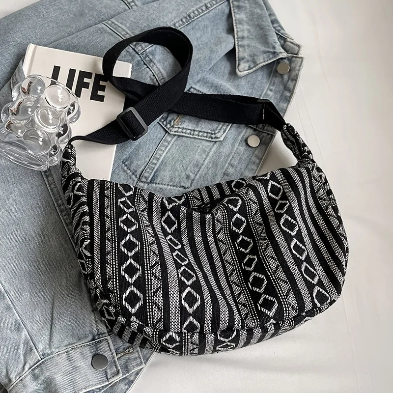 Tribal Style Shoulder Bag, Foldable Crossbody with Zipper Closure, Striped Pattern, Edge Painted Lining
