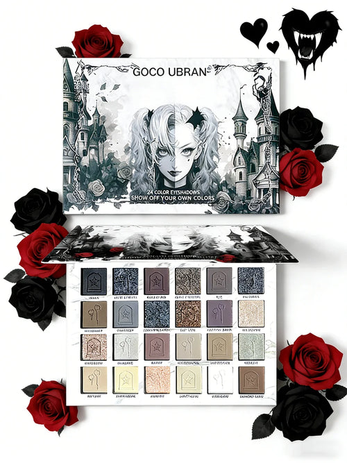 24-Color Dark Elf Eyeshadow Palette, Gothic Vampire Style Makeup Set, High-Pigment Shimmer/Glitter Eye Makeup, Christmas Gift