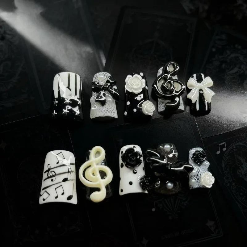 New 10pcs Handmade Gothic Press on Nails Punk Dark 3D Musical Note Design False Nails Fashion Duckbilled French Fake Nail Tips